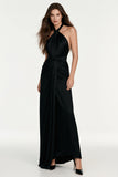 Black Velvet Halter Sheath Ruched Evening Dress