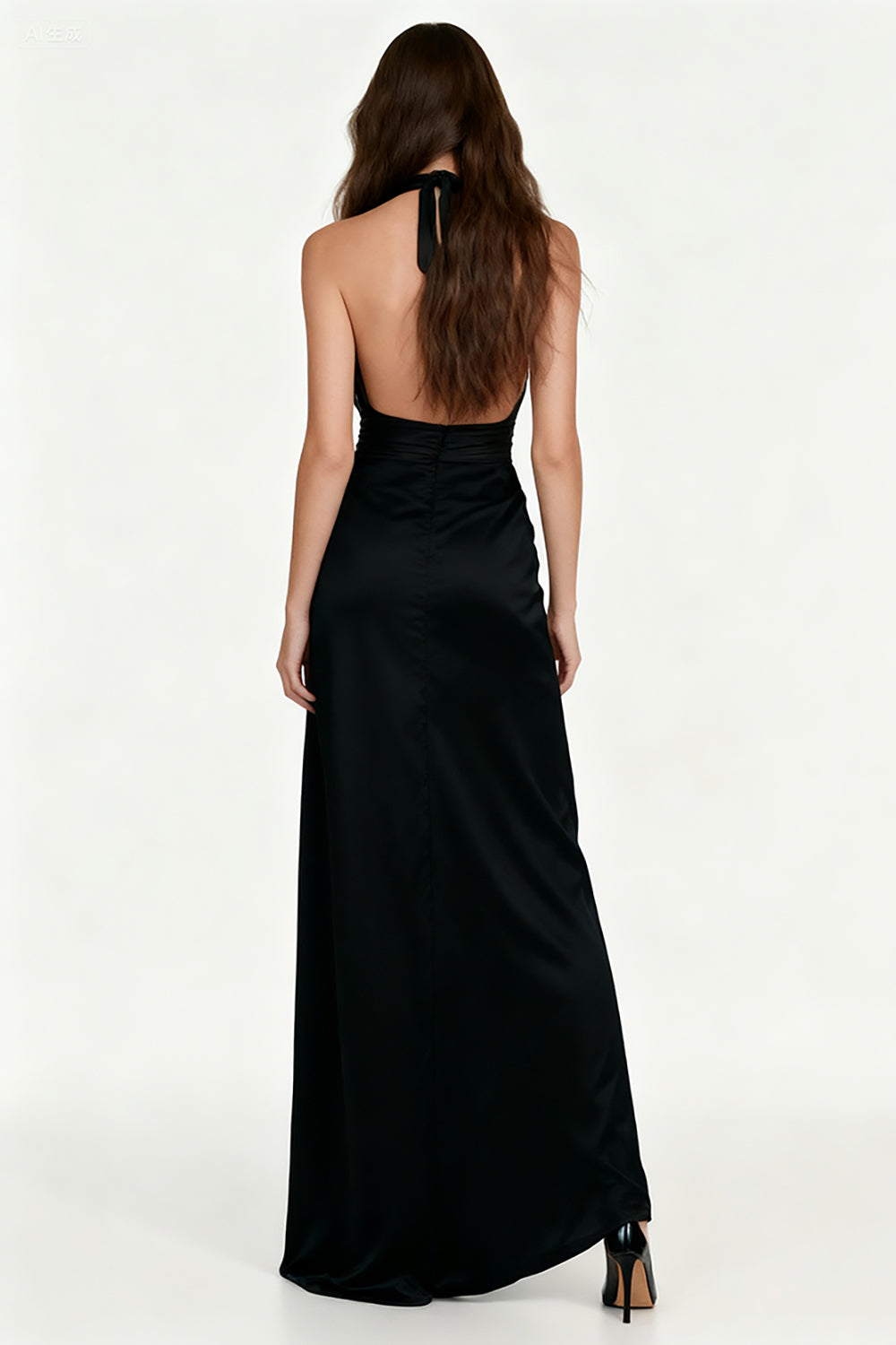 Black Velvet Halter Sheath Ruched Evening Dress