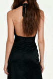 Black Velvet Halter Sheath Ruched Evening Dress