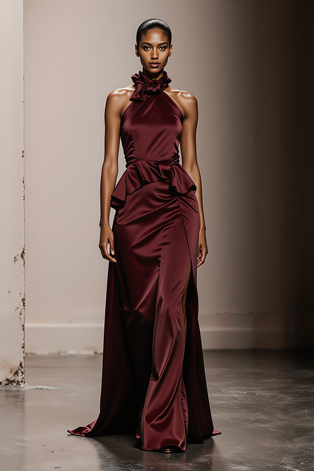 Burgundy A Line Halter Satin Evening Dress
