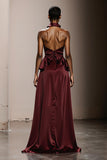 Burgundy A Line Halter Satin Evening Dress