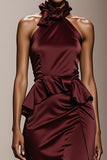 Burgundy A Line Halter Satin Evening Dress