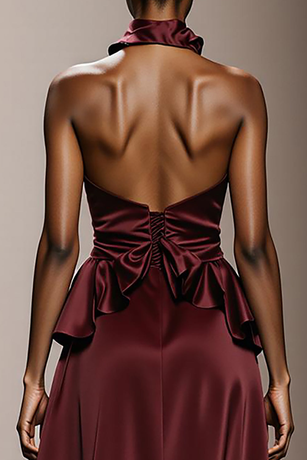 Burgundy A Line Halter Satin Evening Dress