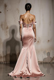 Off The Shoulder Mermaid Light Pink Satin Evening Dress