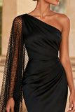 One Shoulder Black Sheath Evening Dress with Cape