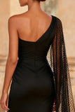 One Shoulder Black Sheath Evening Dress with Cape