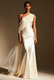 One Shoulder Sheath Satin White Evening Dress