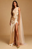 One Shoulder Champagne Sheath Satin Evening Dress