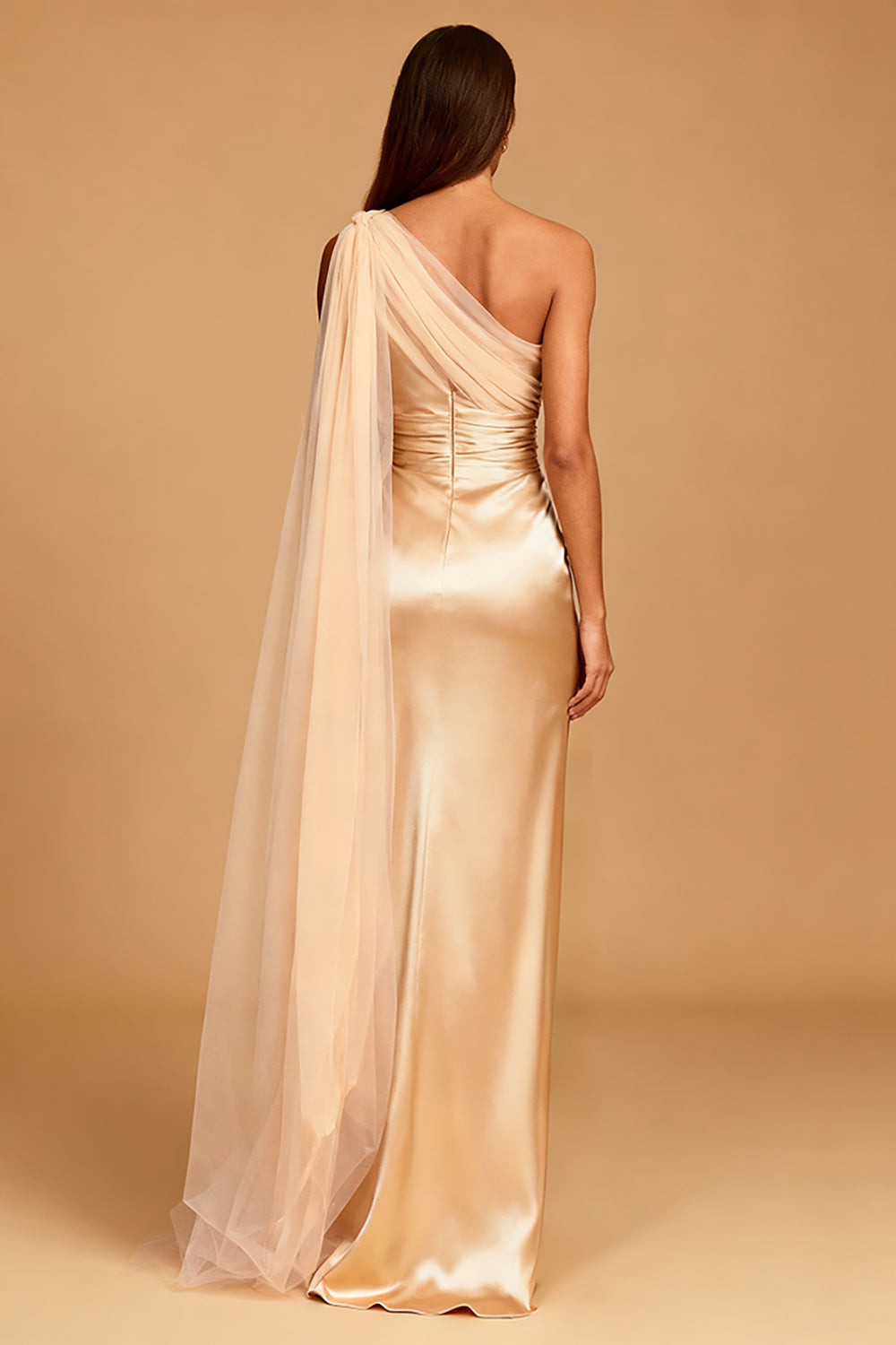 One Shoulder Champagne Sheath Satin Evening Dress