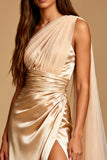 One Shoulder Champagne Sheath Satin Evening Dress