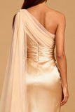 One Shoulder Champagne Sheath Satin Evening Dress
