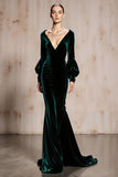 Dark Green Long Sleeve Mermaid Velvet Evening Dress