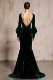 Dark Green Long Sleeve Mermaid Velvet Evening Dress