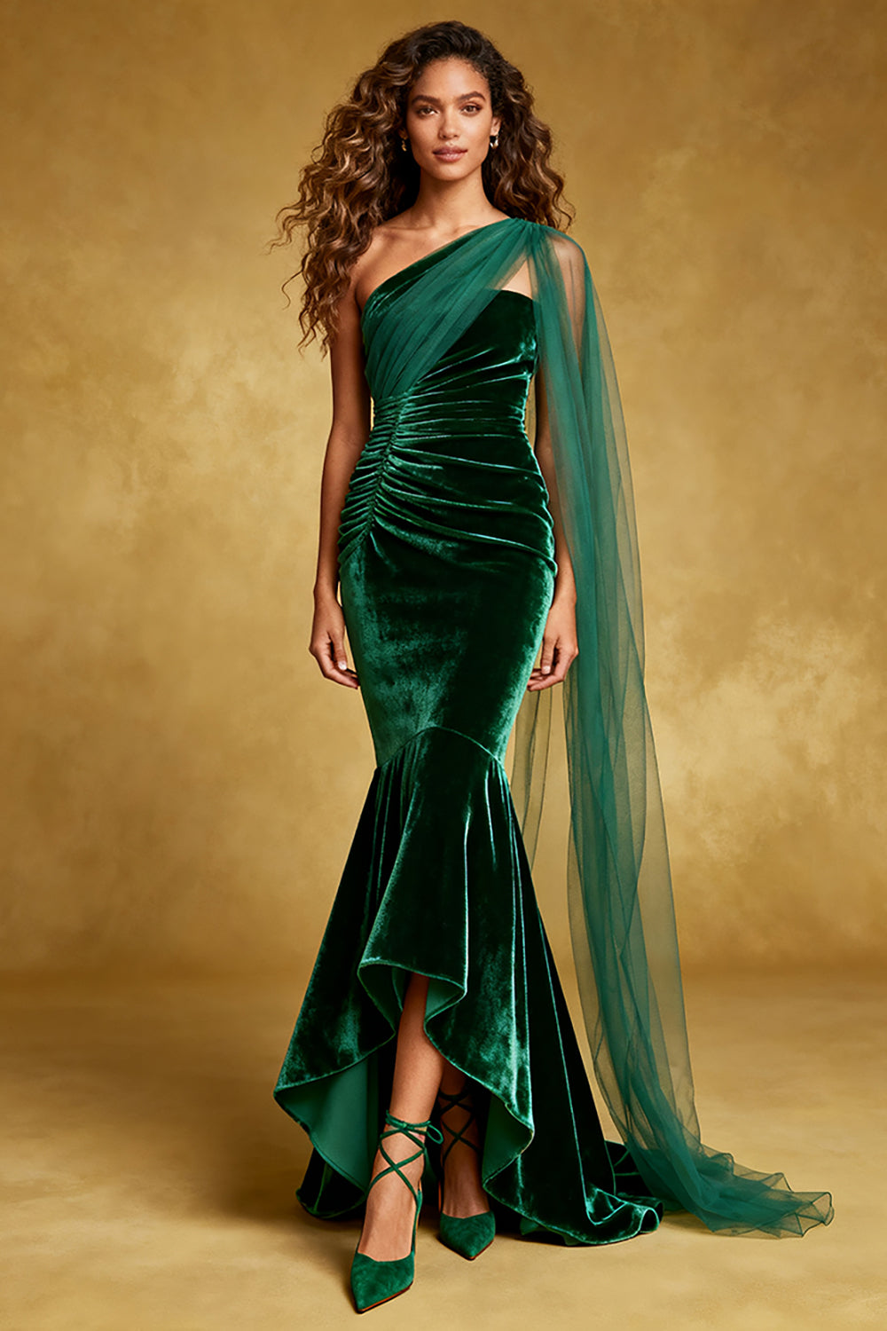 One Shoulder Dark Green Mermaid Velvet Evening Dress with Cape