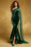 One Shoulder Dark Green Mermaid Velvet Evening Dress with Cape