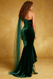 One Shoulder Dark Green Mermaid Velvet Evening Dress with Cape