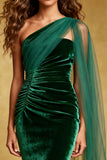 One Shoulder Dark Green Mermaid Velvet Evening Dress with Cape