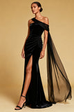 One Shoulder Velvet Black Sheath Evening Dress with Slit