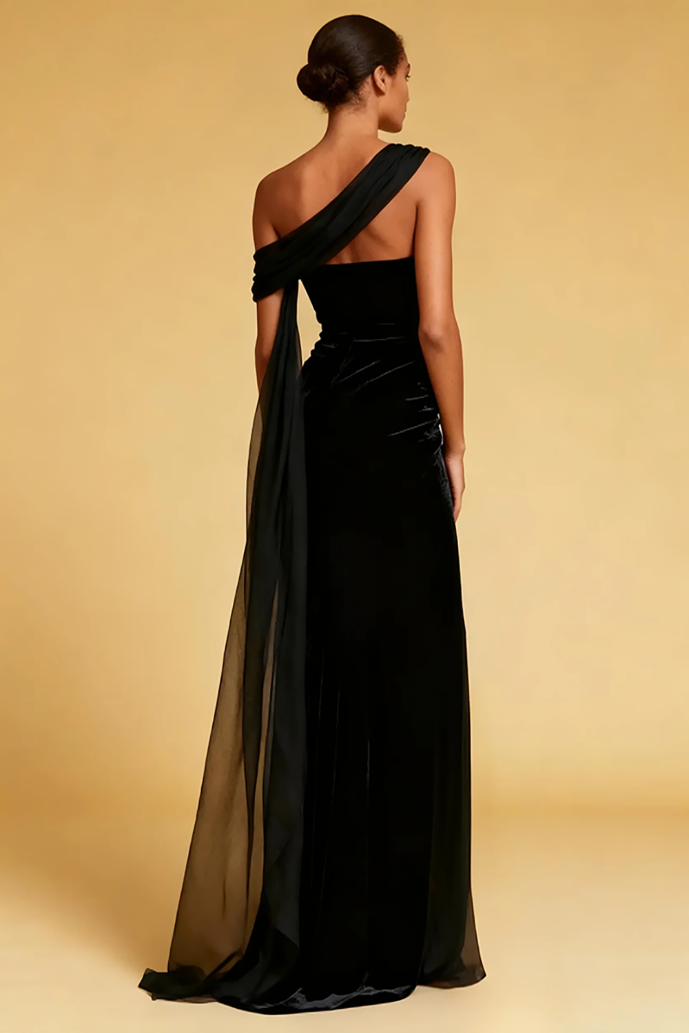 One Shoulder Velvet Black Sheath Evening Dress with Slit
