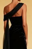 One Shoulder Velvet Black Sheath Evening Dress with Slit