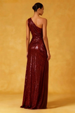 Burgundy One Shoulder Ruched Sequin Evening Dress