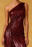 Burgundy One Shoulder Ruched Sequin Evening Dress