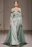 Off the Shoulder Mint Green Sheath Satin Evening Dress