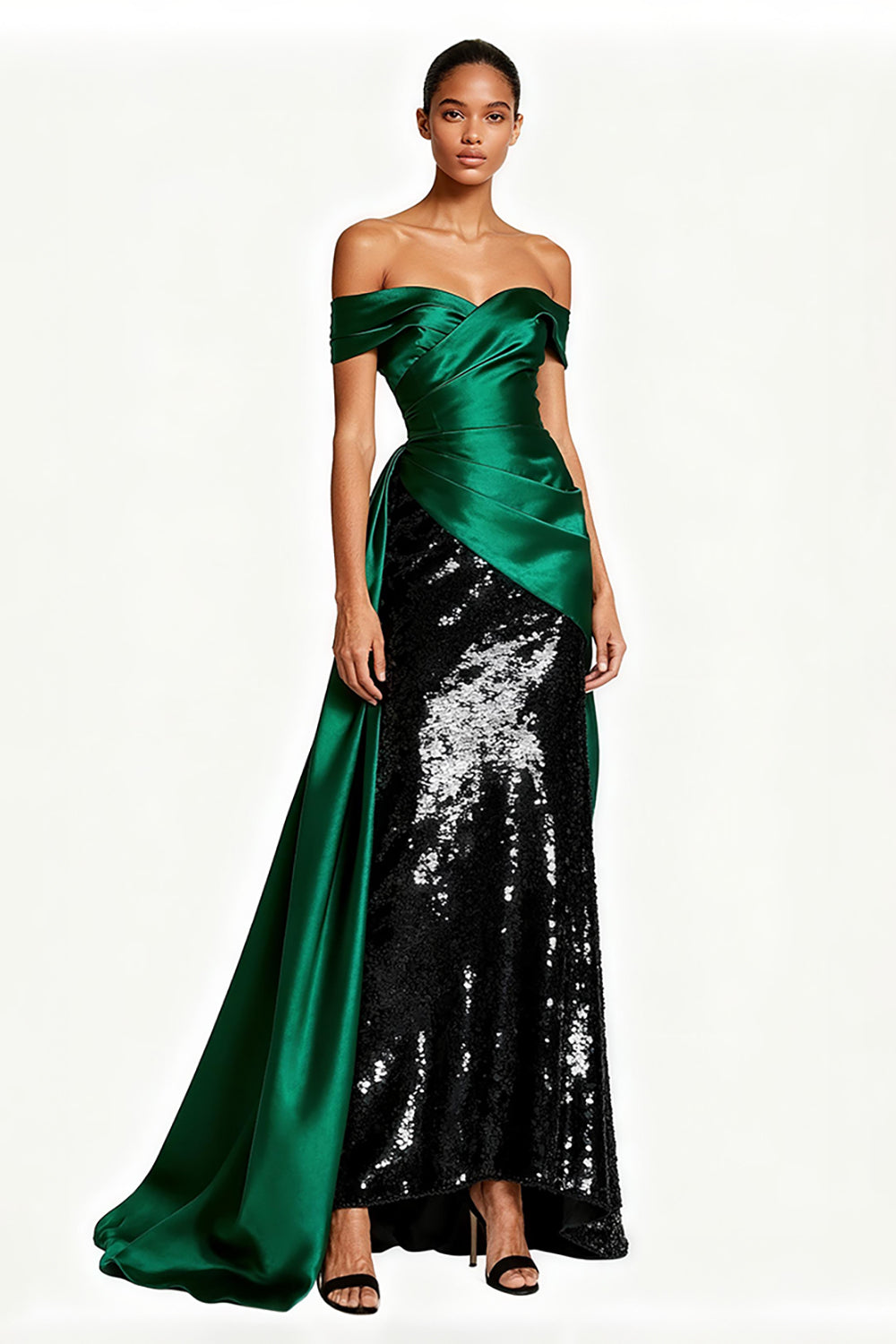 Off the Shoulder Dark Green Sheath Satin Sequin Evening Dress