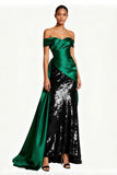 Off the Shoulder Dark Green Sheath Satin Sequin Evening Dress