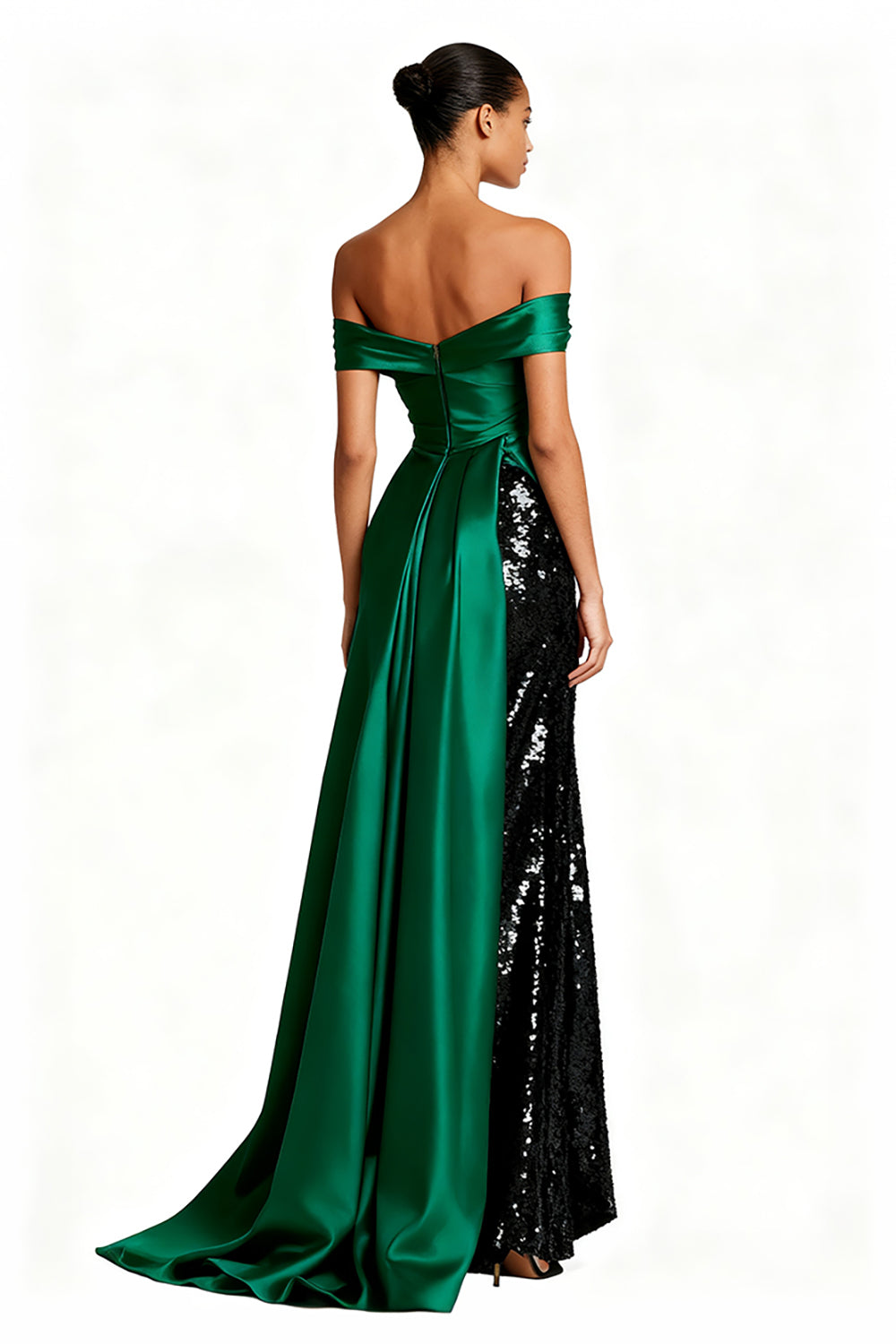 Off the Shoulder Dark Green Sheath Satin Sequin Evening Dress