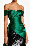 Off the Shoulder Dark Green Sheath Satin Sequin Evening Dress