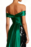 Off the Shoulder Dark Green Sheath Satin Sequin Evening Dress