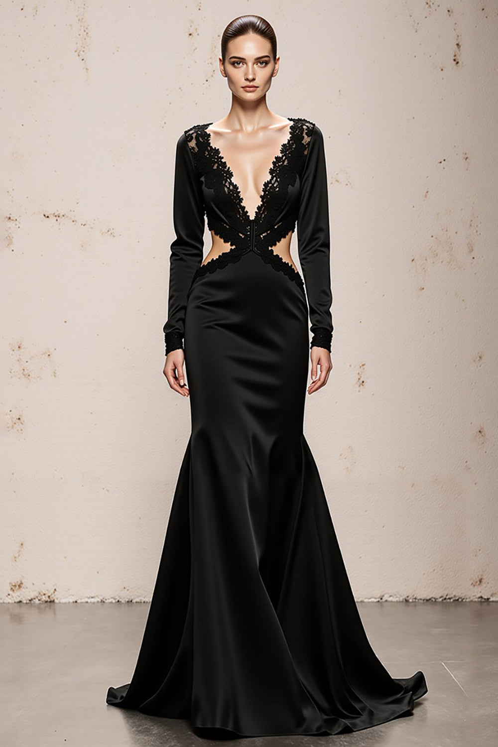 Black Mermaid Long Sleeve Cut Out Evening Dress