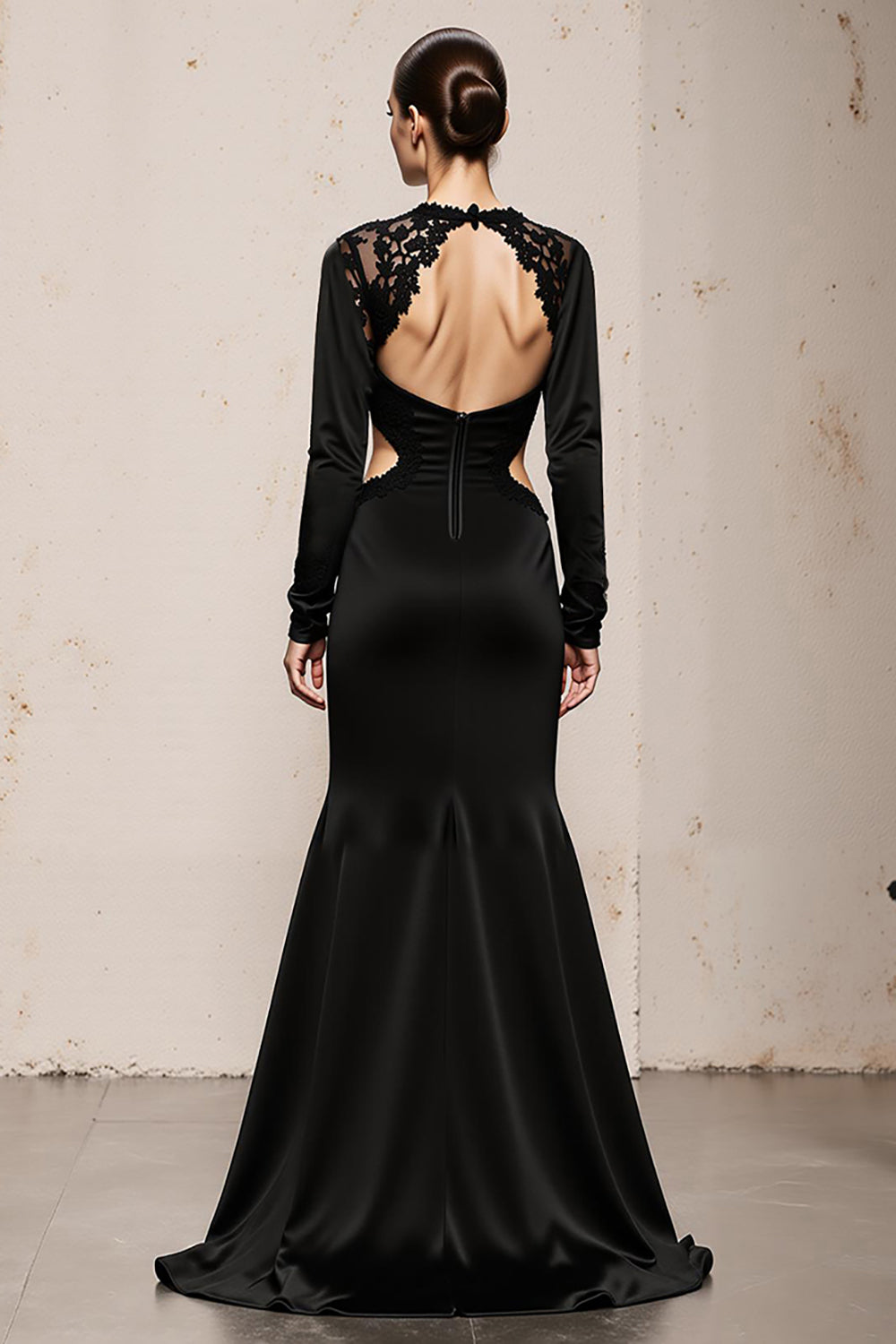 Black Mermaid Long Sleeve Cut Out Evening Dress