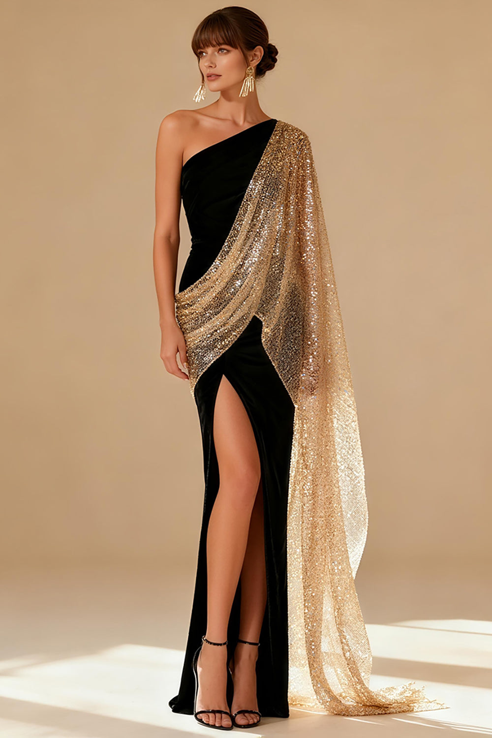 One Shoulder Black Mermaid Evening Dress with Slit