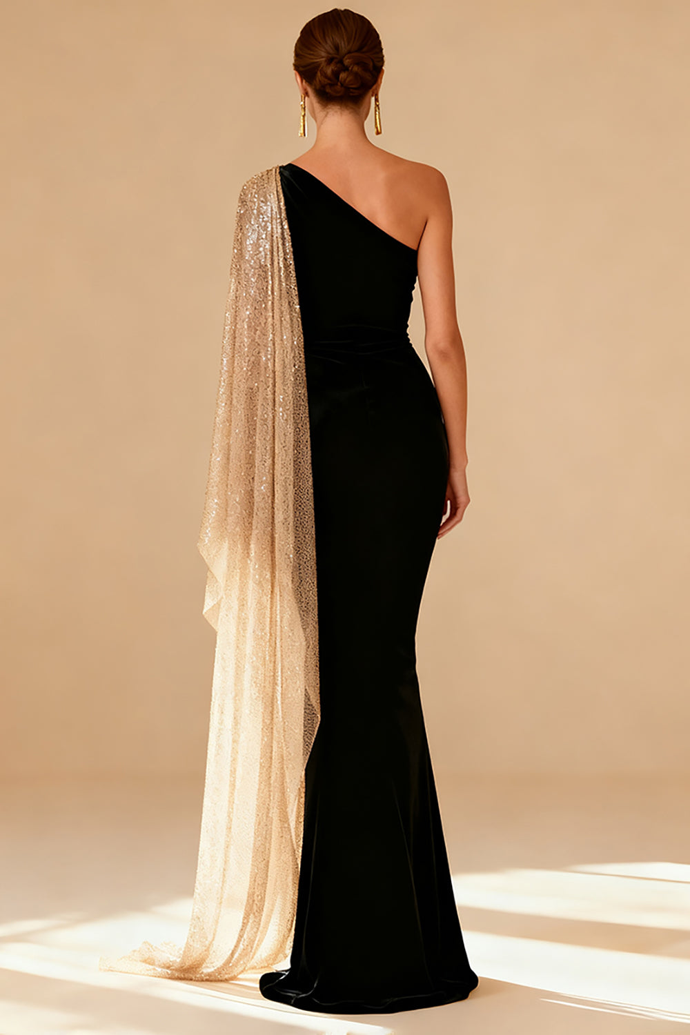 One Shoulder Black Mermaid Evening Dress with Slit