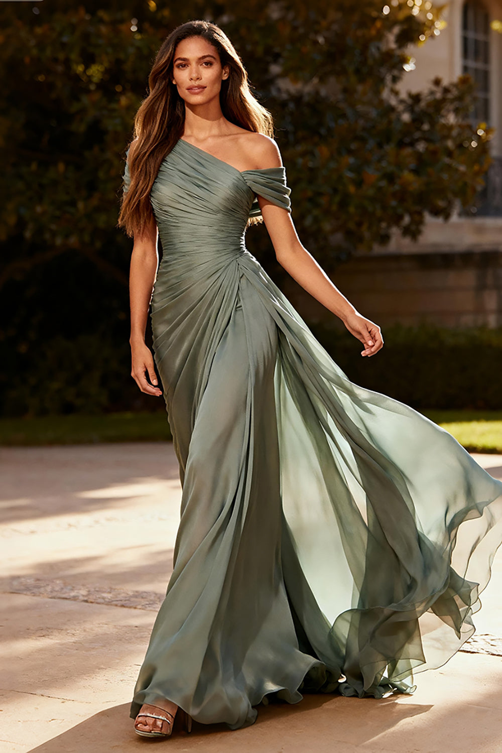 Dusty Sage Ruched Asymmetrical Neck Sheath Evening Dress