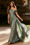 Dusty Sage Ruched Asymmetrical Neck Sheath Evening Dress