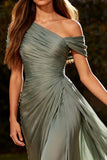 Dusty Sage Ruched Asymmetrical Neck Sheath Evening Dress