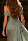 Dusty Sage Ruched Asymmetrical Neck Sheath Evening Dress