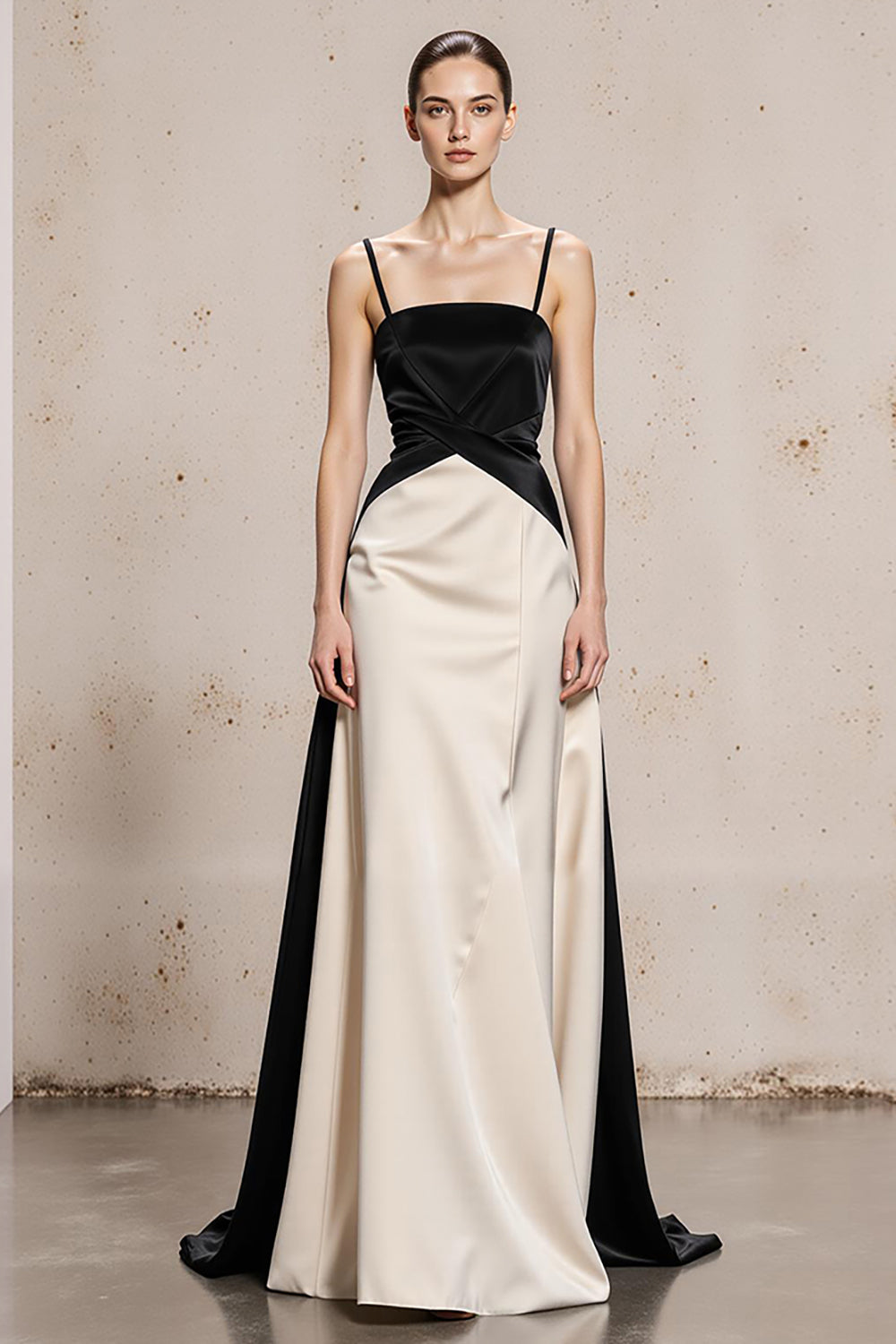 Black and White Spaghetti Straps Satin Evening Dress