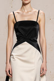 Black and White Spaghetti Straps Satin Evening Dress