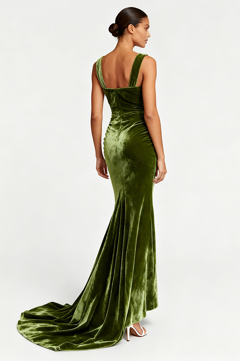 Olive Velvet Mermaid Ruched Evening Dress