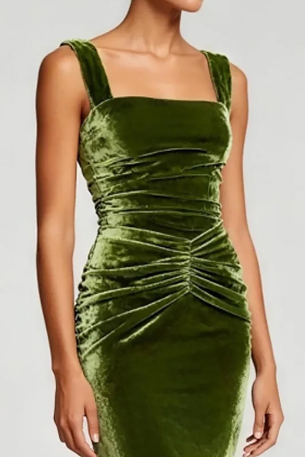 Olive Velvet Mermaid Ruched Evening Dress