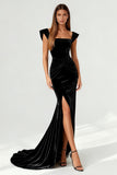 Velvet Black Mermaid Evening Dress with Slit