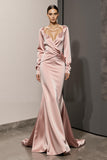 Long Sleeve Mermaid Satin Light Pink Holiday Party Dress