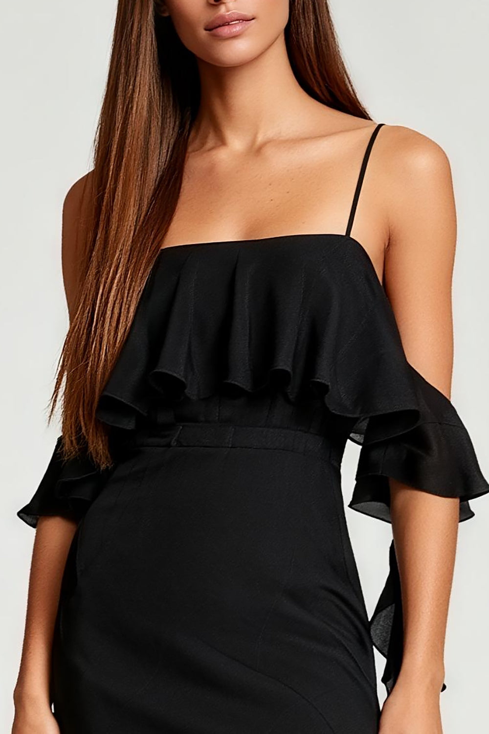 Bodycon Cold Shoulder Little Black Dress with Ruffles