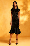 Mermaid Satin Round Neck Little Black Dress with Ruffles