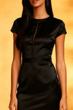 Mermaid Satin Round Neck Little Black Dress with Ruffles