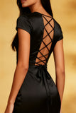 Mermaid Satin Round Neck Little Black Dress with Ruffles